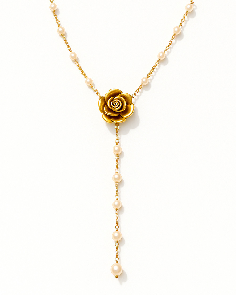 Divini rose and pearl lariat necklace